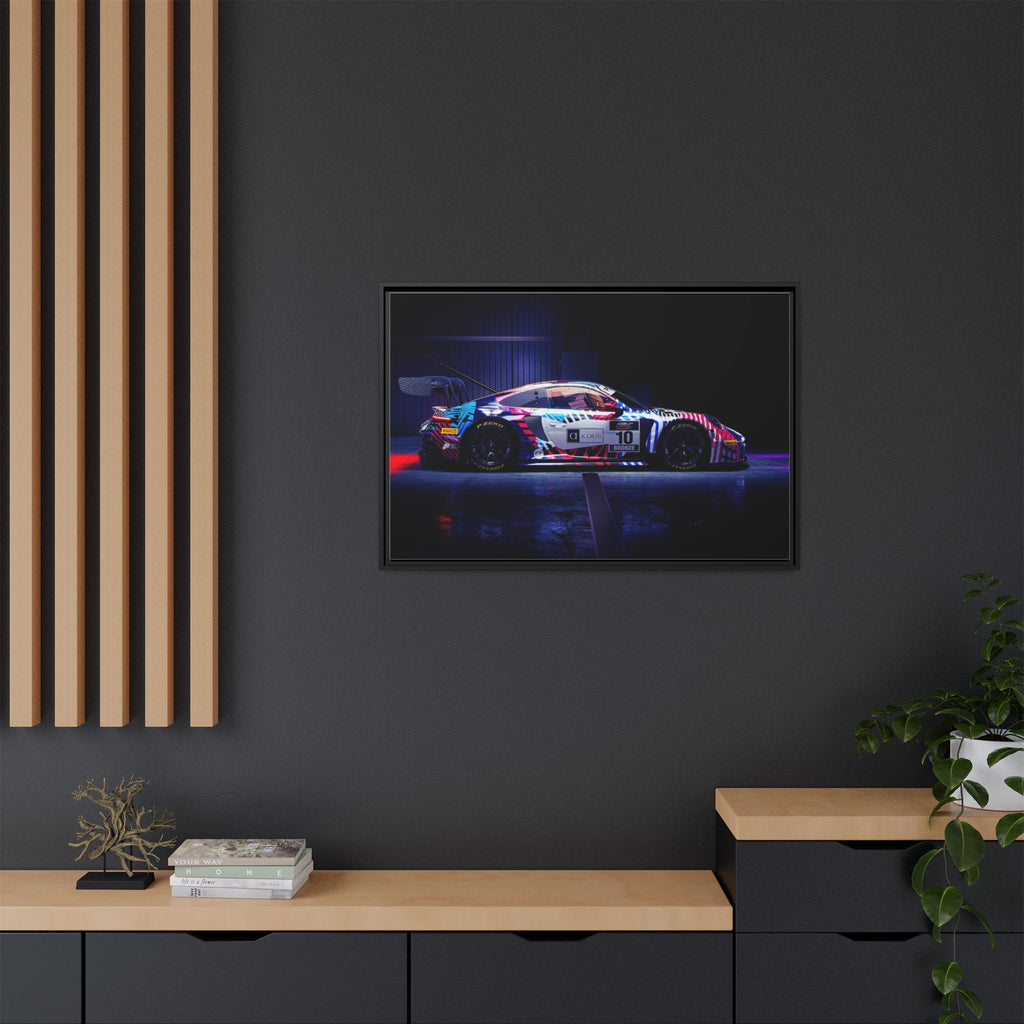 Framed Matte Canvas Print — Neon Racecar Wall Art