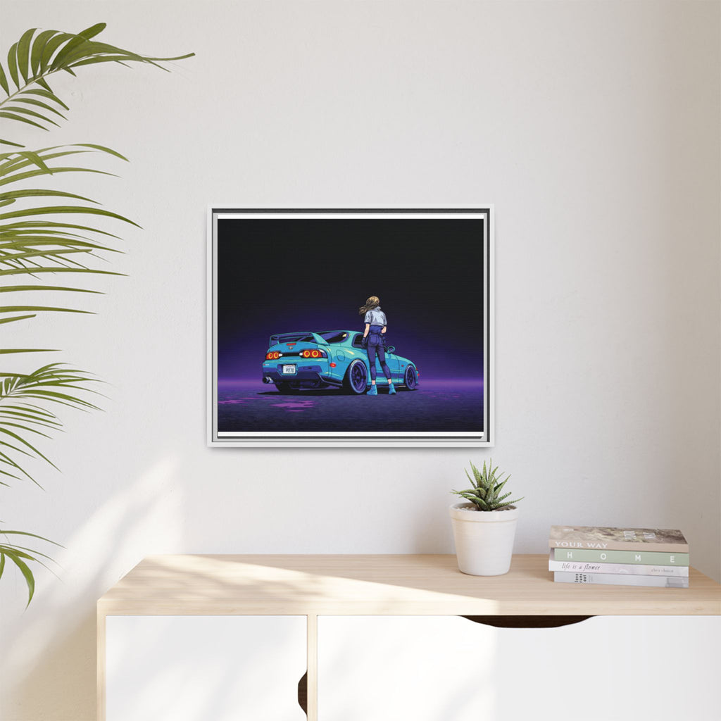 Retro Neon Race Car Poster Matte Canvas Framed | Anime Driver Wall Art