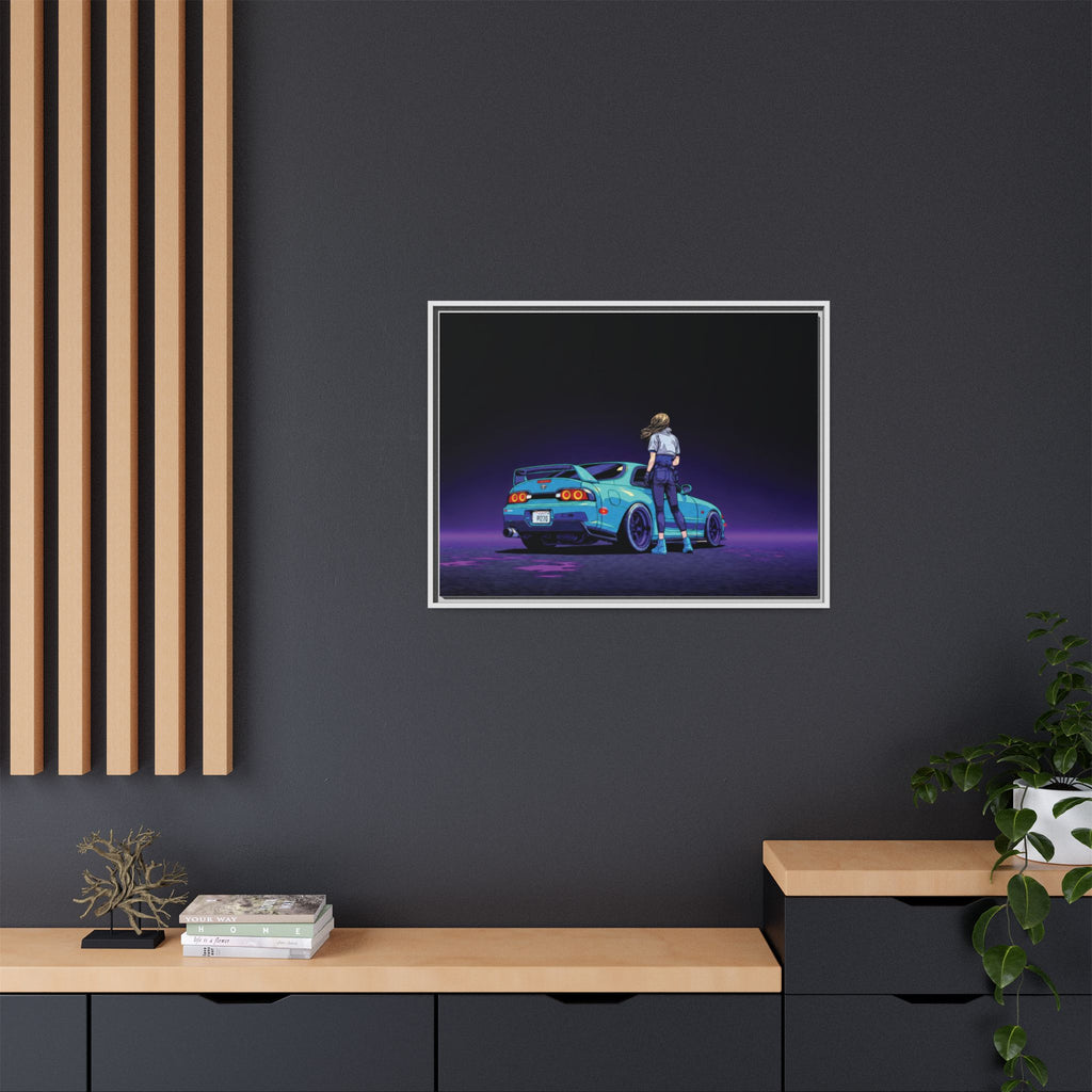 Retro Neon Race Car Poster Matte Canvas Framed | Anime Driver Wall Art