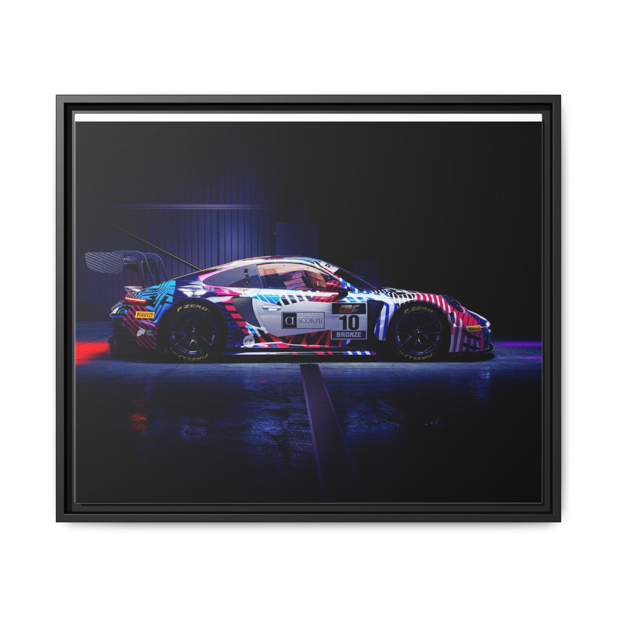 Framed Matte Canvas Print — Neon Racecar Wall Art
