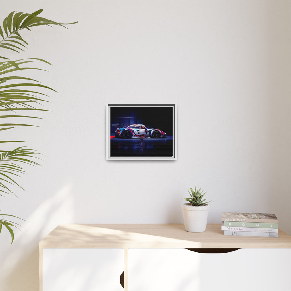 Framed Matte Canvas Print — Neon Racecar Wall Art