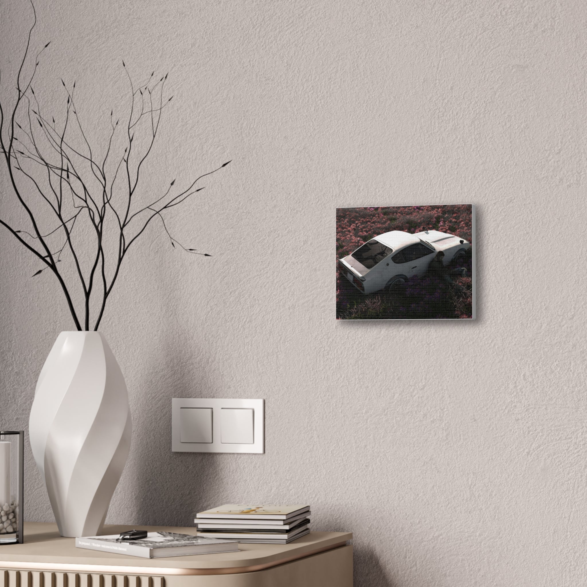 Vintage White Datsun in Wildflower Field Canvas
