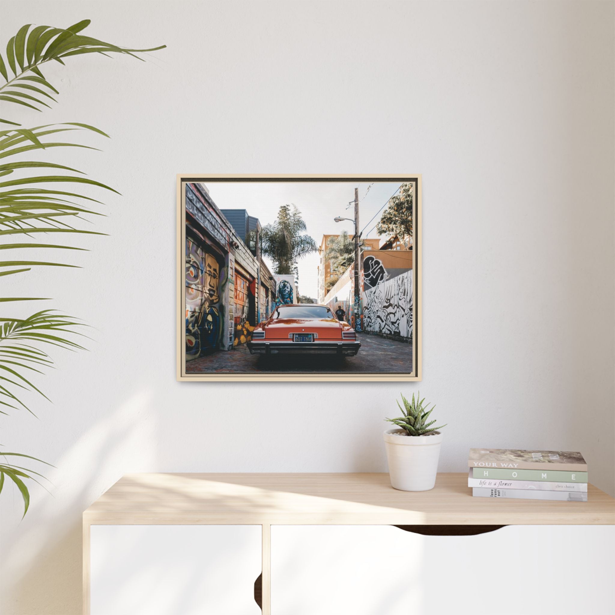 Vintage Chevrolet in Graffiti Alley — Framed Matte Canvas Wall Art