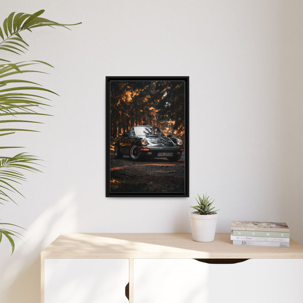 Framed Matte Canvas Print — Vintage Black Porsche in Autumn Forest
