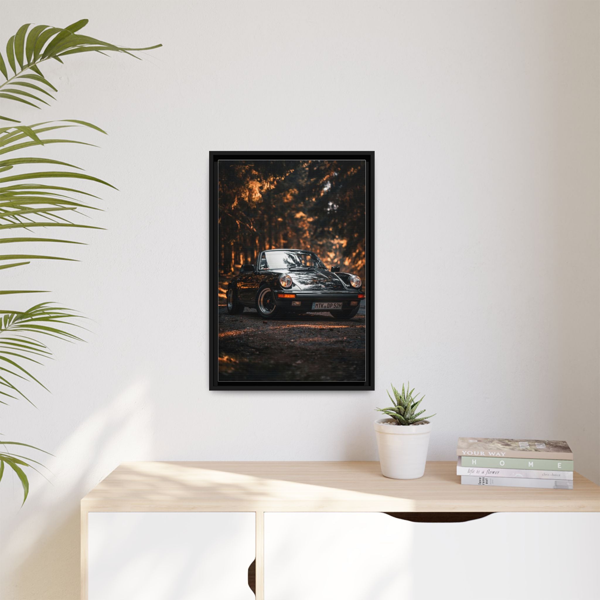 Framed Matte Canvas Print — Vintage Black Porsche in Autumn Forest