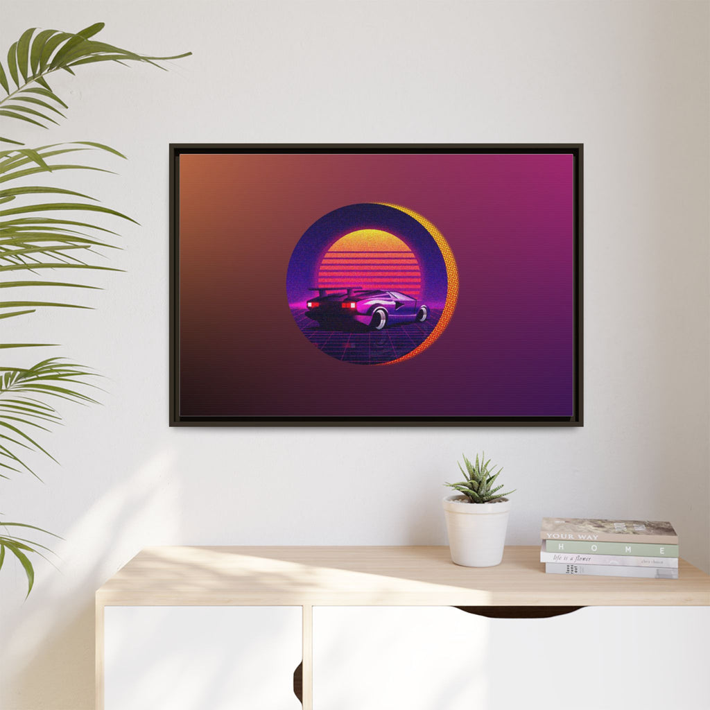 Retro Sunset Sports Car Matte Canvas Framed Wall Art