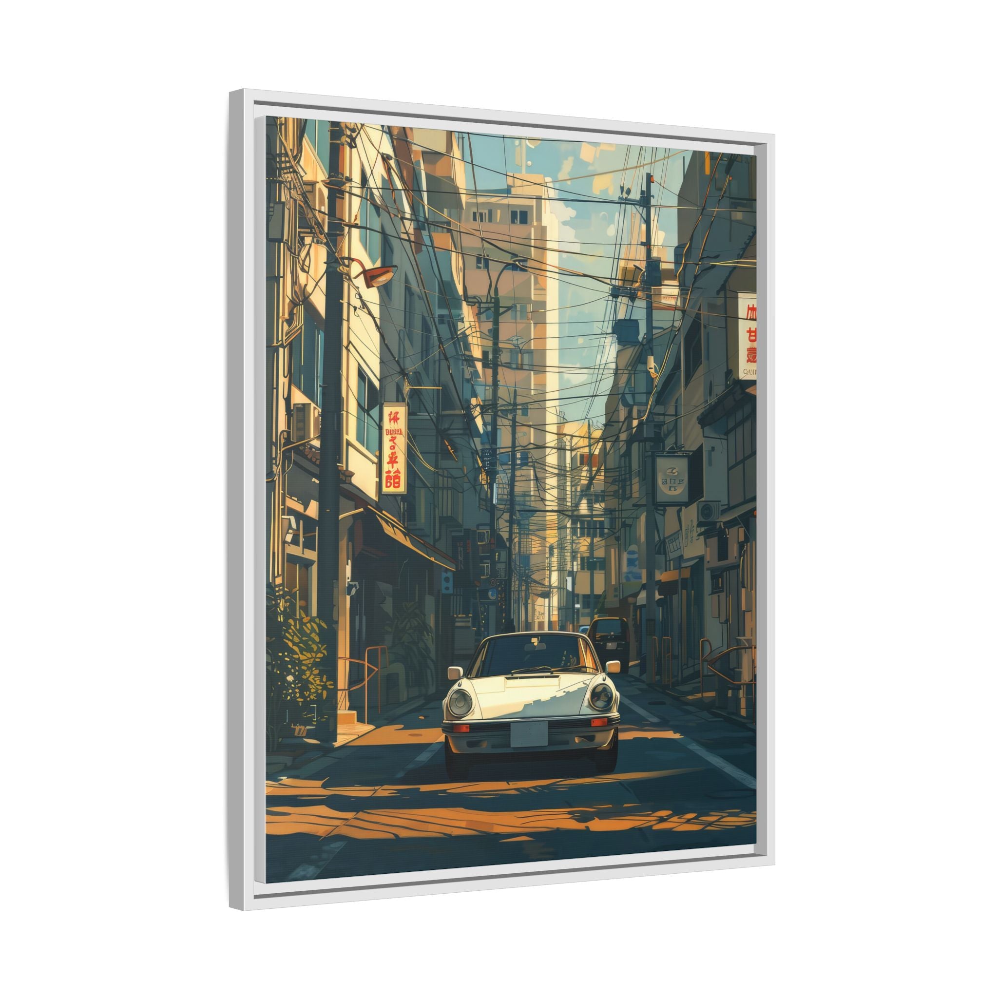 Vintage Sports Car Cityscape Framed Canvas Print