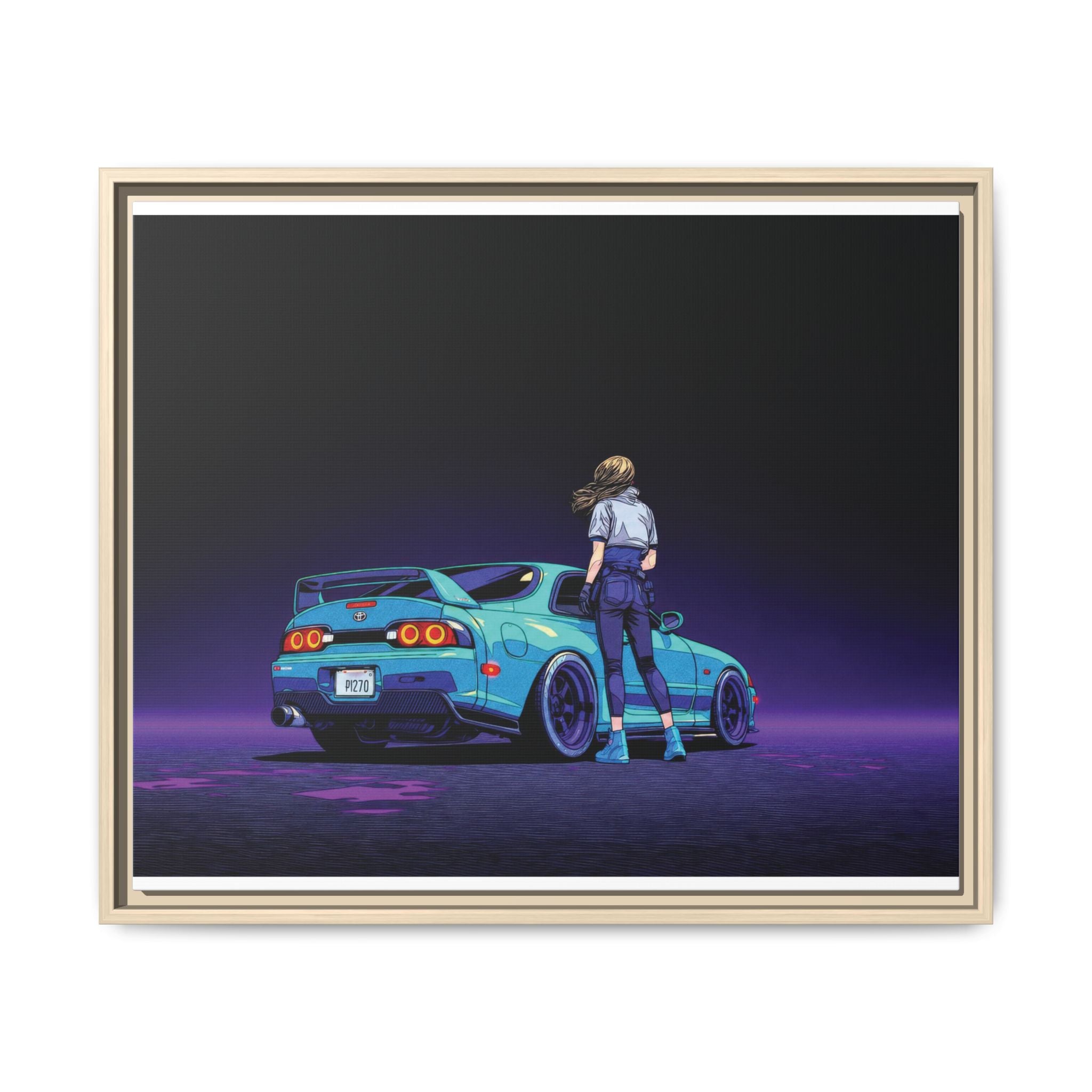 Retro Neon Race Car Poster Matte Canvas Framed | Anime Driver Wall Art