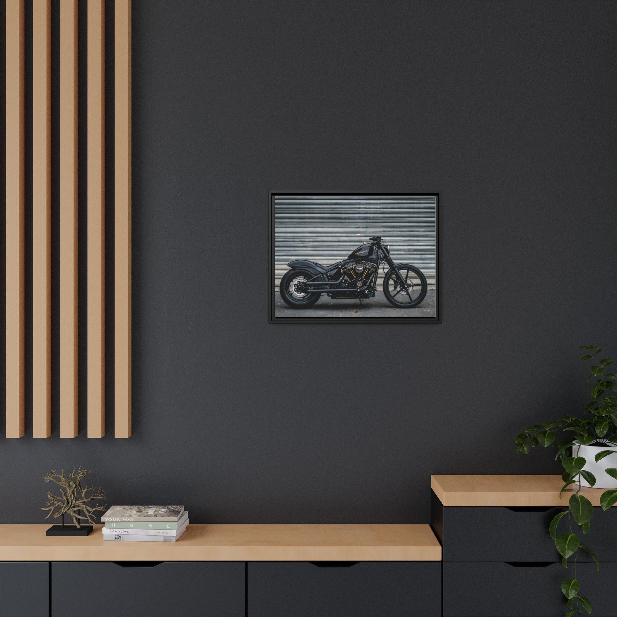 Framed Matte Canvas Motorcycle Print — Black Bobber Wall Art