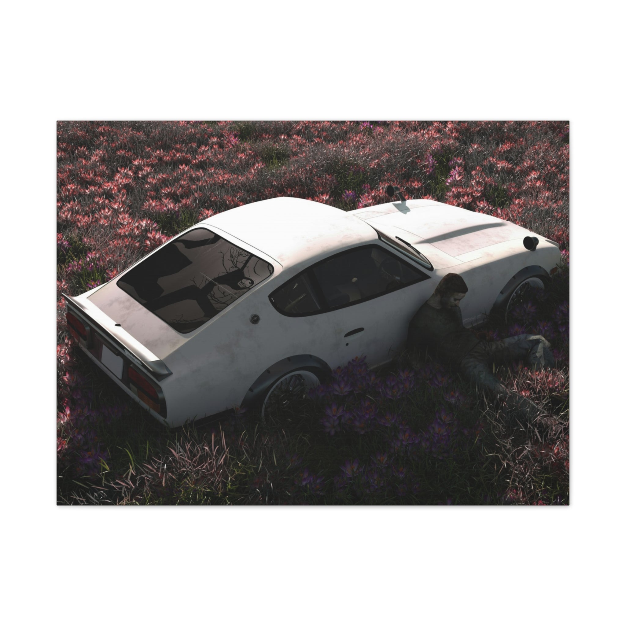 Vintage White Datsun in Wildflower Field Canvas
