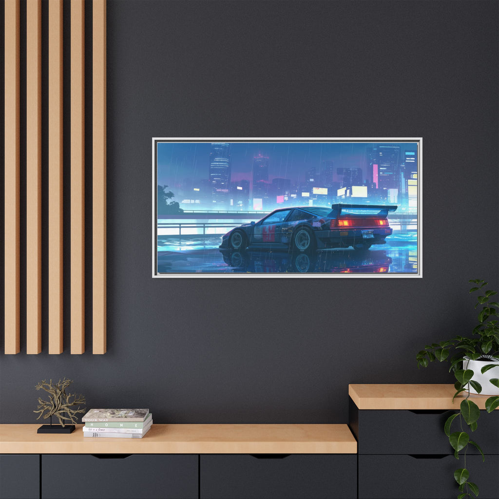 Retro Neon City Car Matte Canvas Print — Framed Wall Art