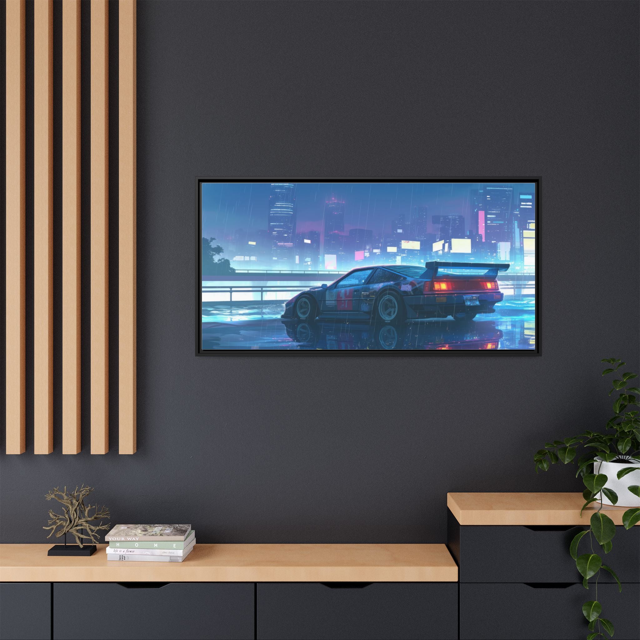 Retro Neon City Car Matte Canvas Print — Framed Wall Art