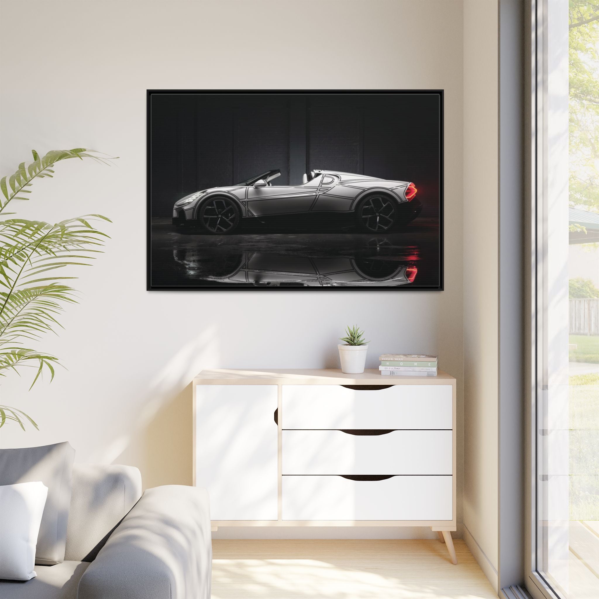 Framed Matte Canvas: Sleek Sports Car Reflection Wall Art