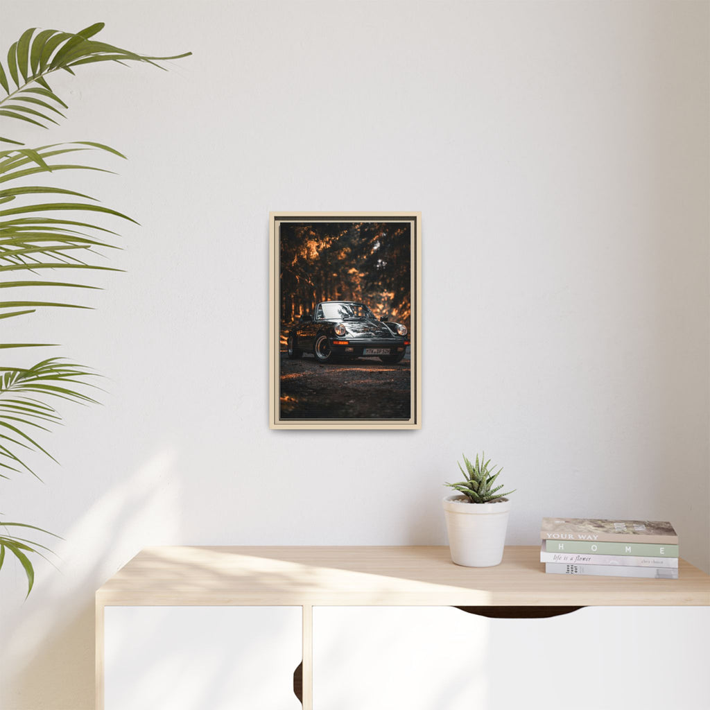 Framed Matte Canvas Print — Vintage Black Porsche in Autumn Forest