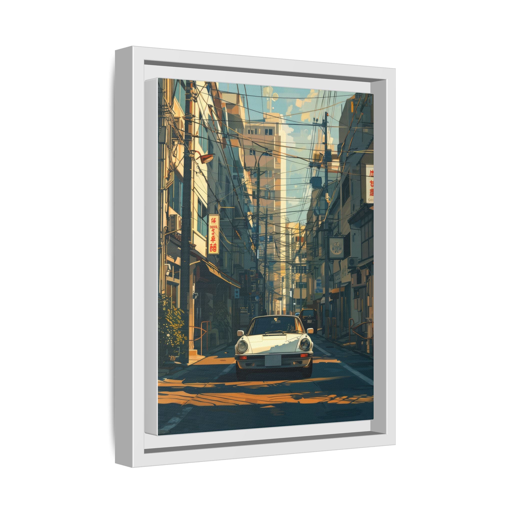 Vintage Sports Car Cityscape Framed Canvas Print