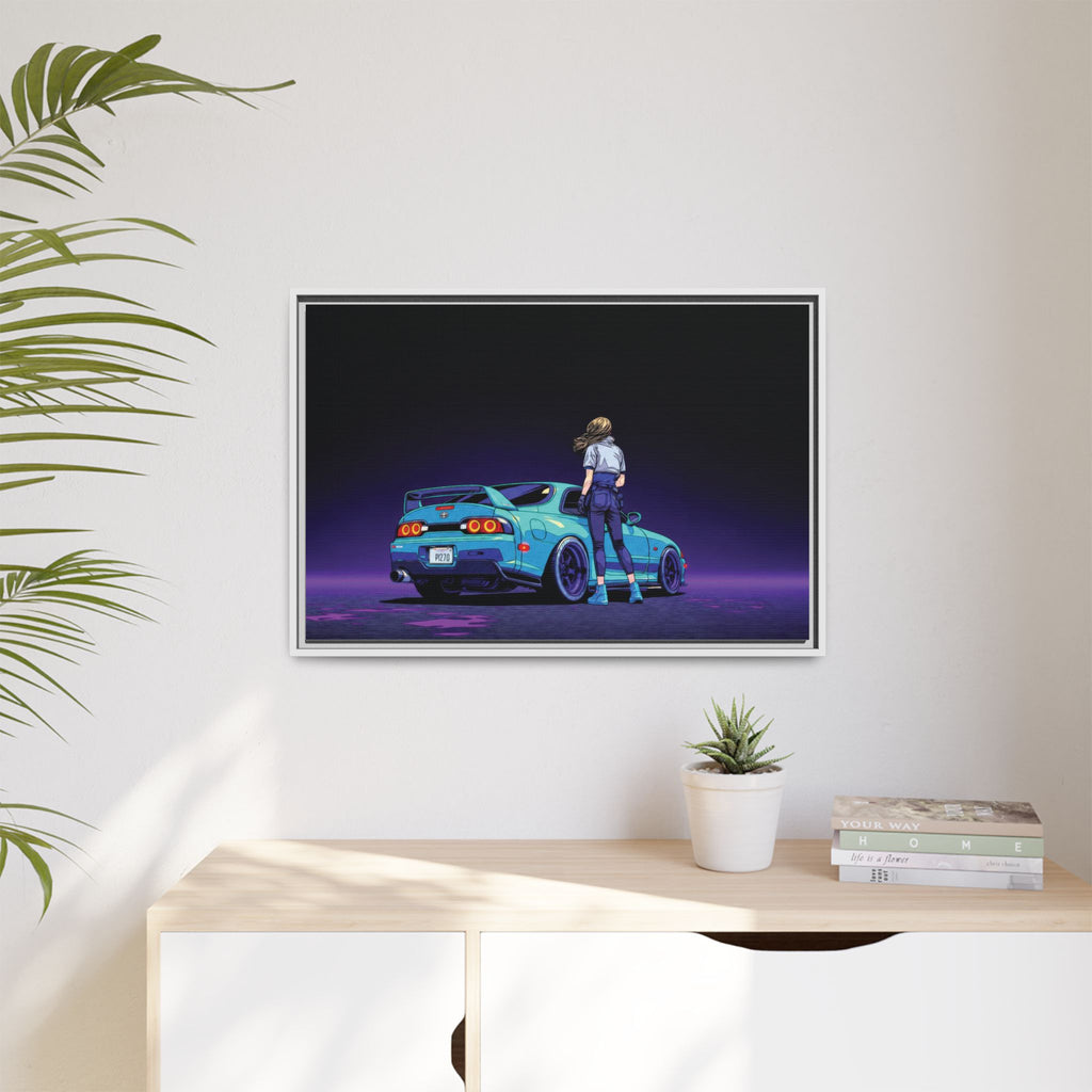 Retro Neon Race Car Poster Matte Canvas Framed | Anime Driver Wall Art
