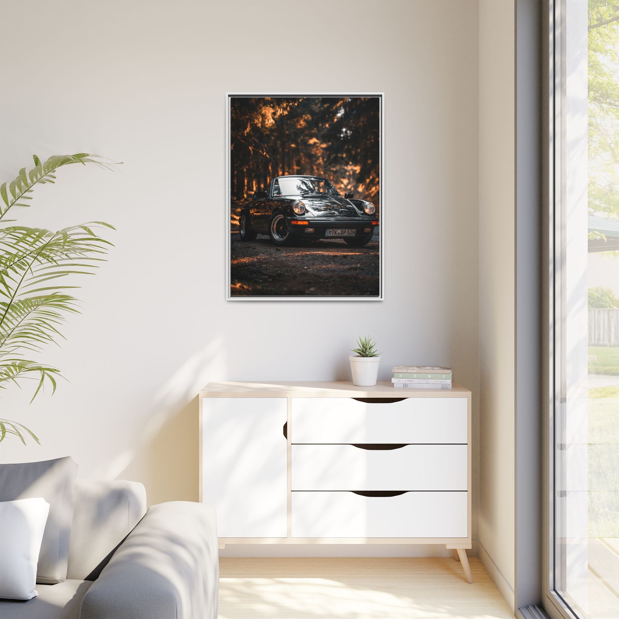 Framed Matte Canvas Print — Vintage Black Porsche in Autumn Forest