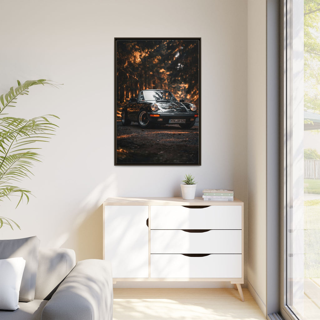 Framed Matte Canvas Print — Vintage Black Porsche in Autumn Forest