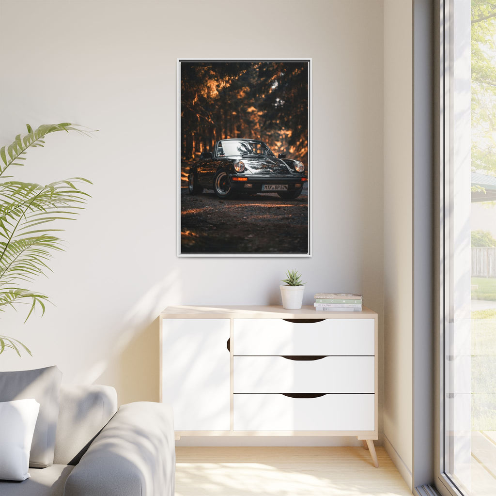 Framed Matte Canvas Print — Vintage Black Porsche in Autumn Forest