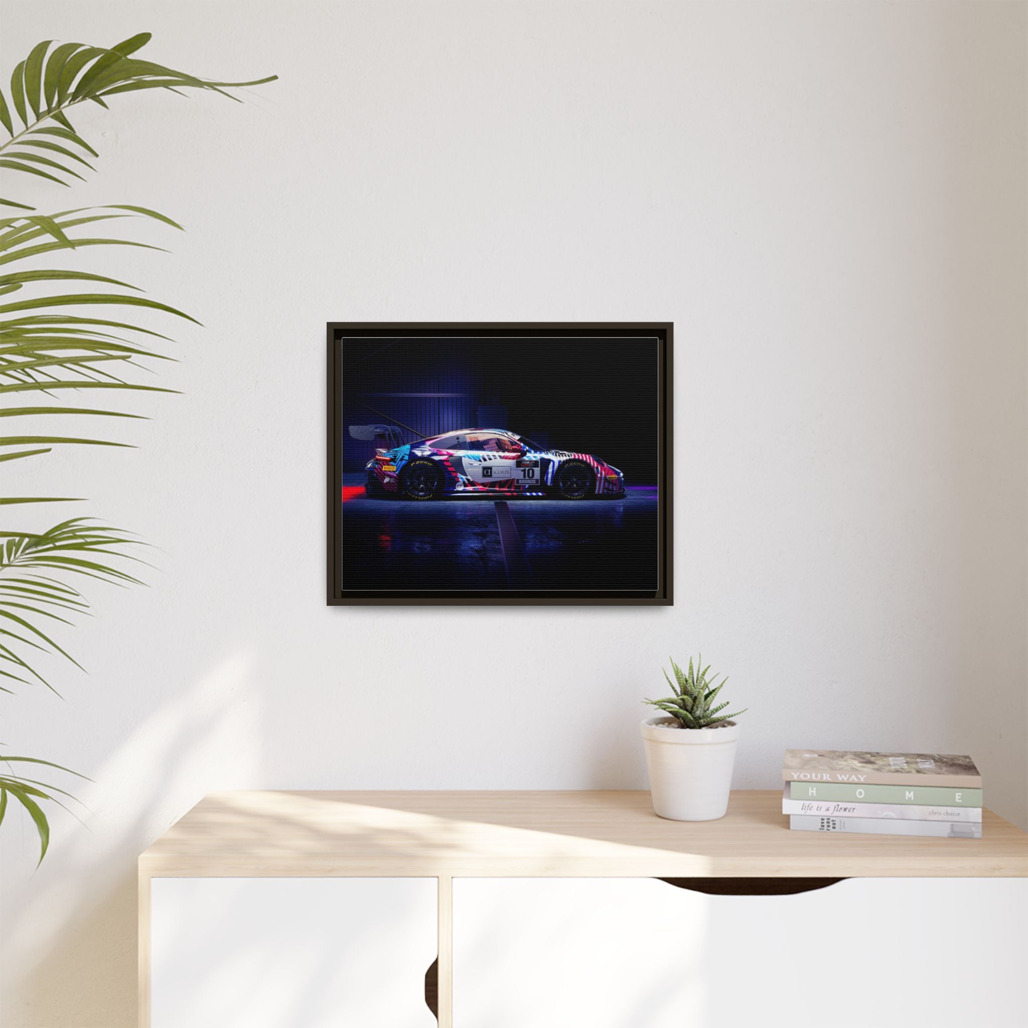 Framed Matte Canvas Print — Neon Racecar Wall Art