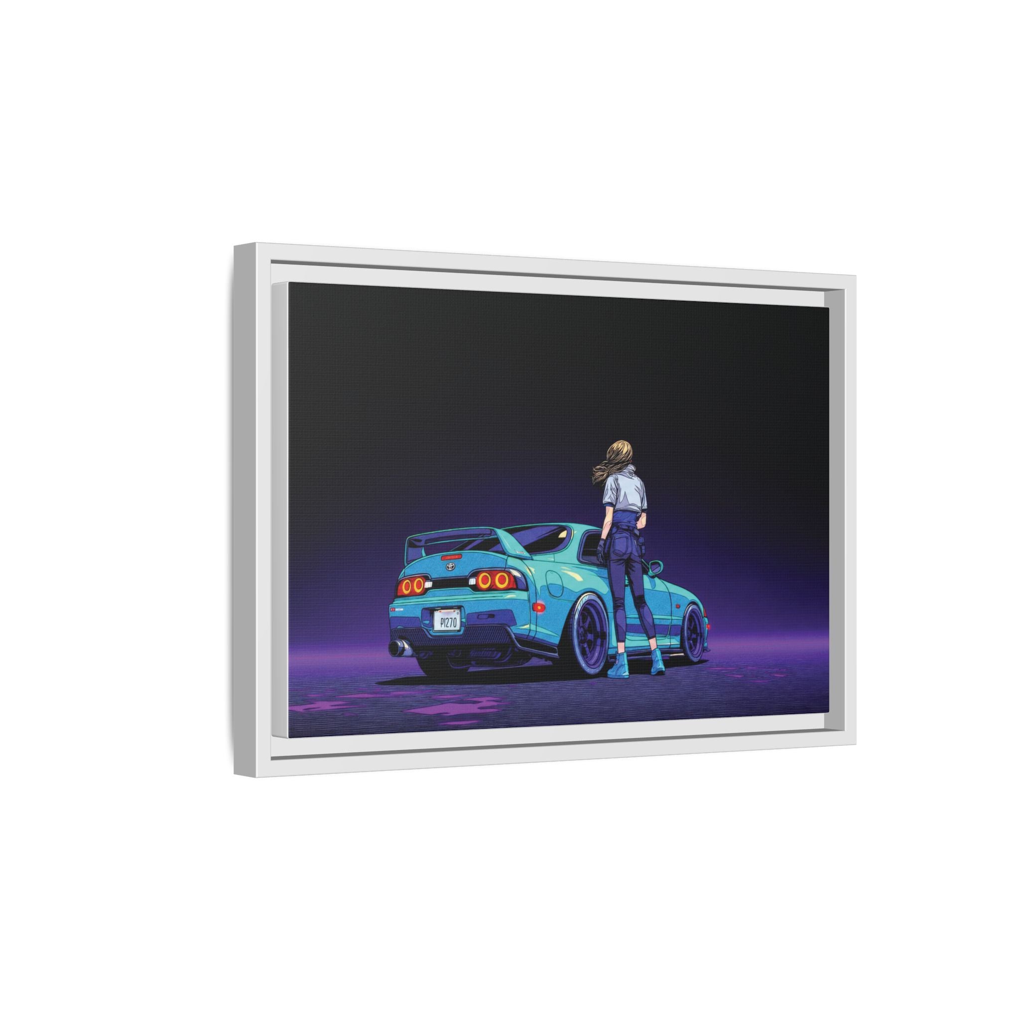 Retro Neon Race Car Poster Matte Canvas Framed | Anime Driver Wall Art