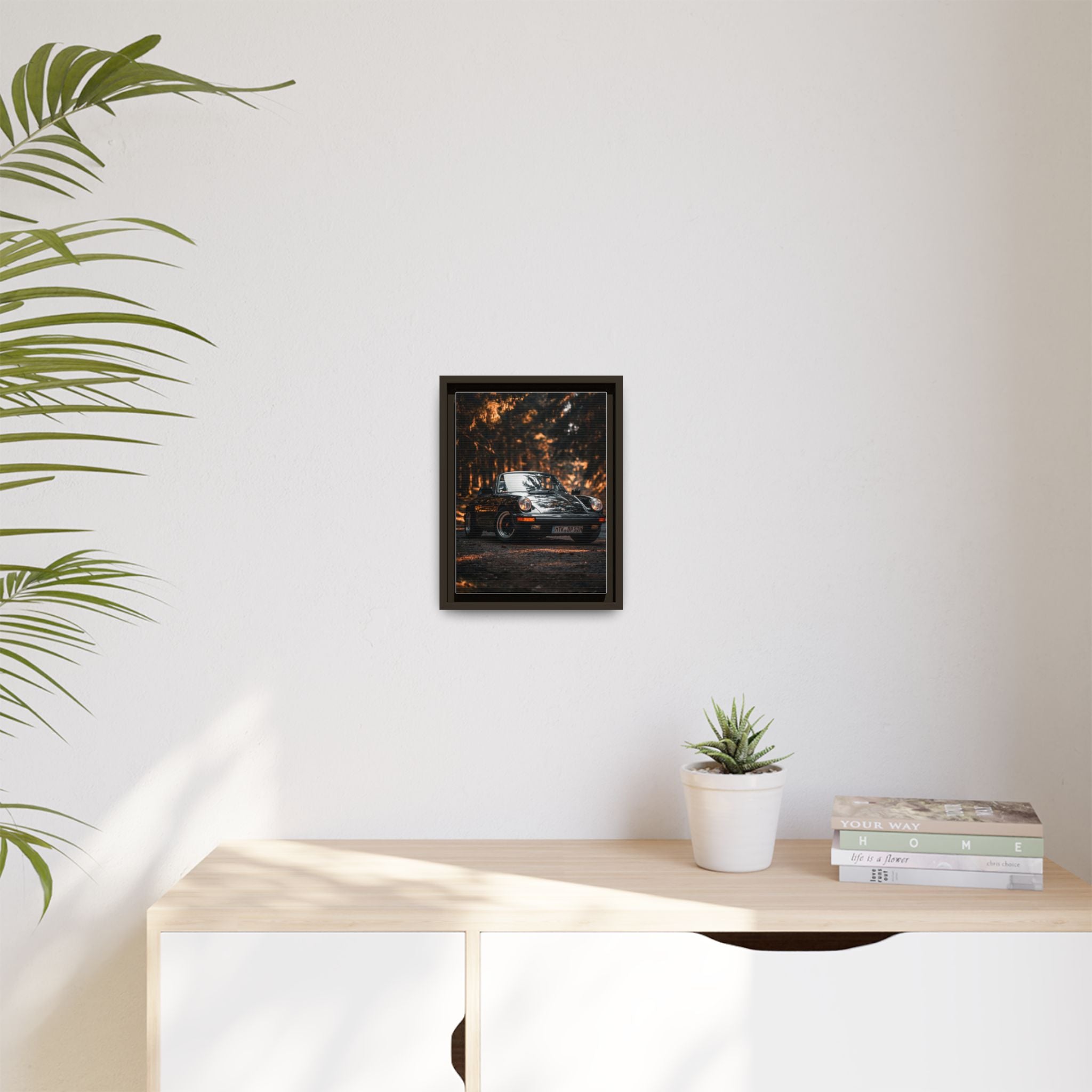 Framed Matte Canvas Print — Vintage Black Porsche in Autumn Forest