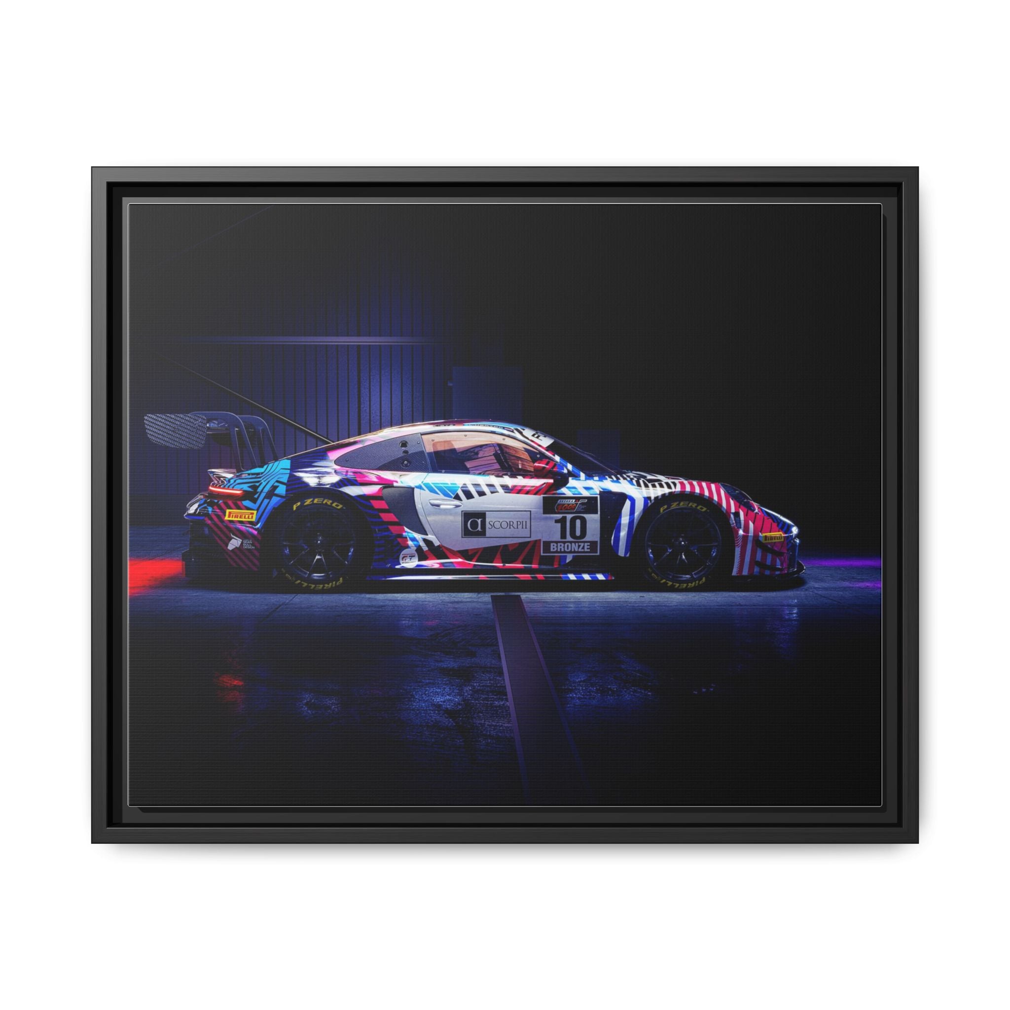 Framed Matte Canvas Print — Neon Racecar Wall Art