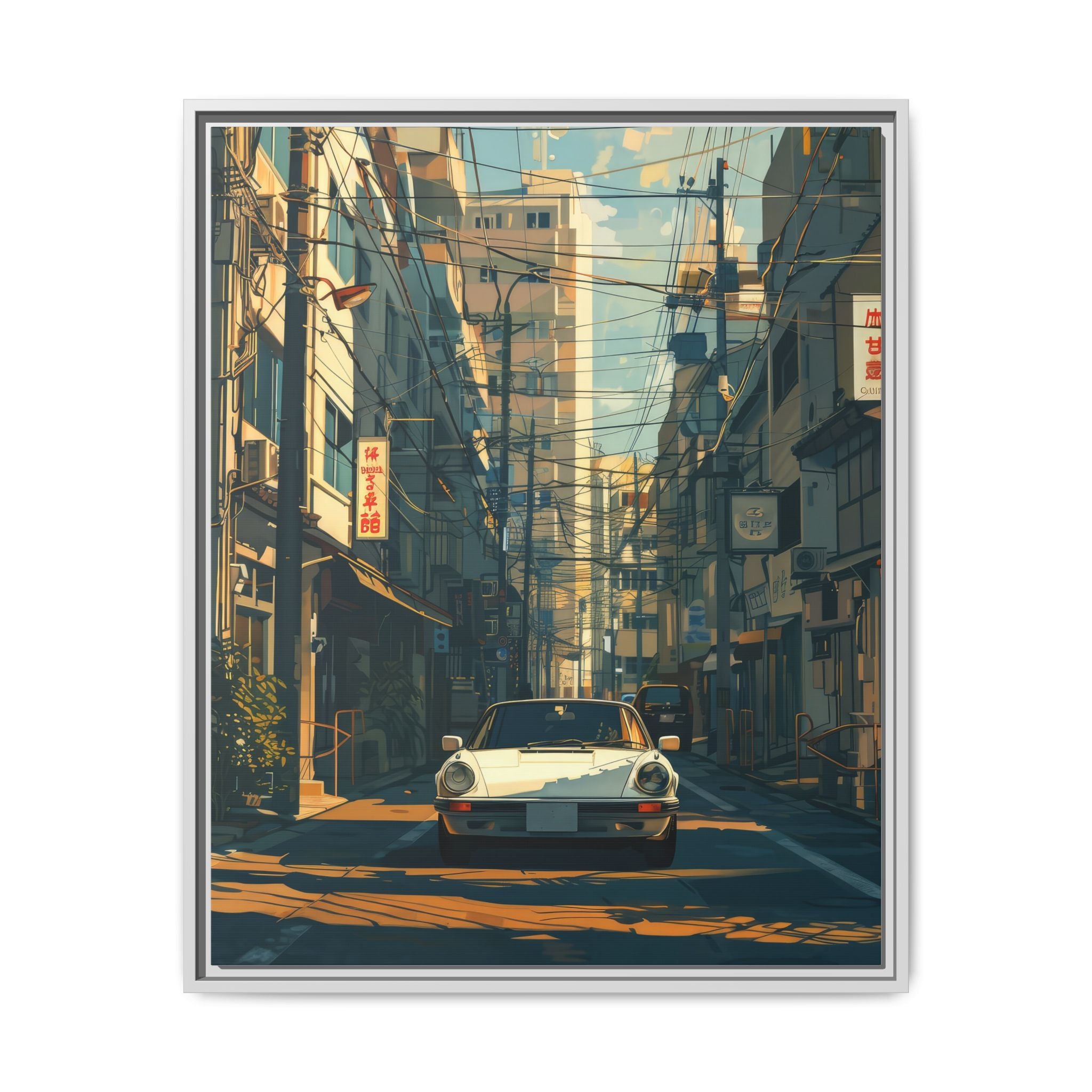 Vintage Sports Car Cityscape Framed Canvas Print