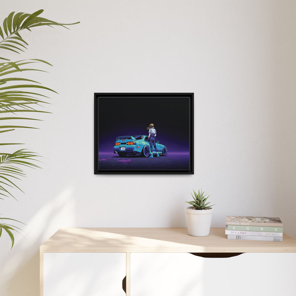 Retro Neon Race Car Poster Matte Canvas Framed | Anime Driver Wall Art