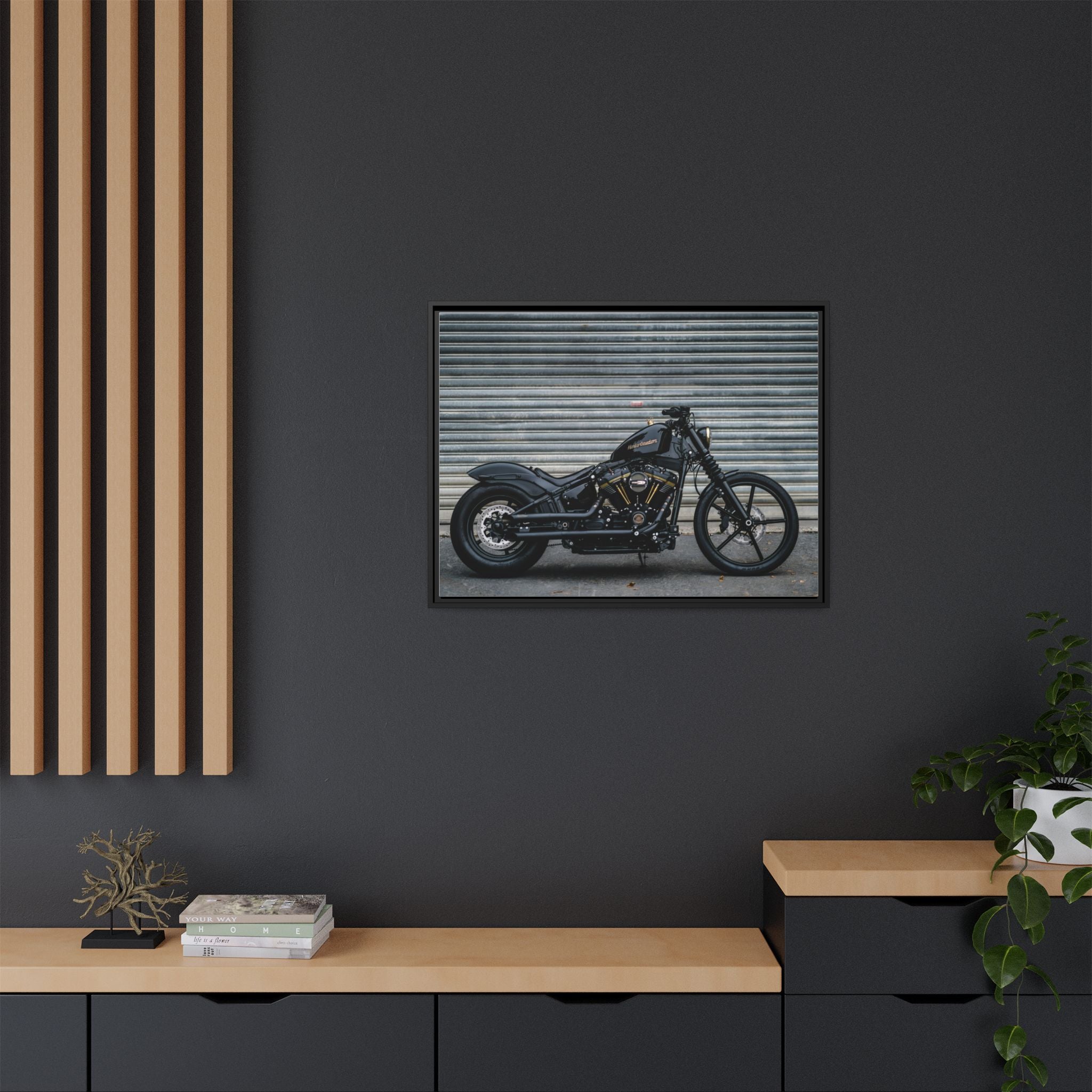 Framed Matte Canvas Motorcycle Print — Black Bobber Wall Art