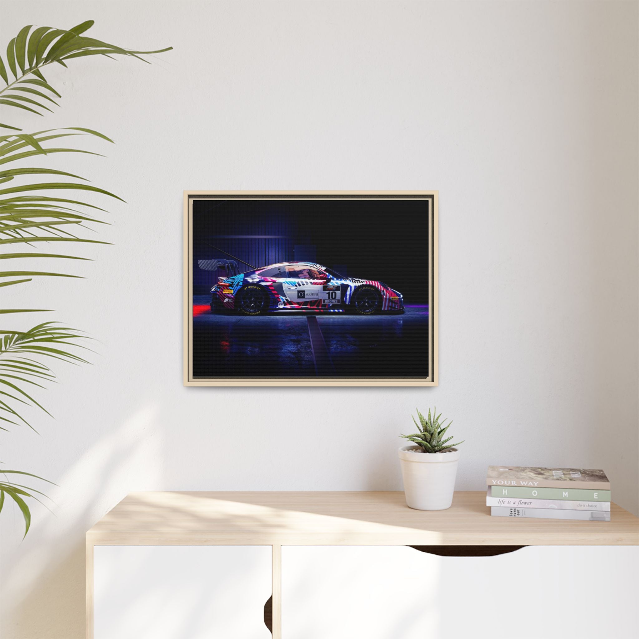 Framed Matte Canvas Print — Neon Racecar Wall Art