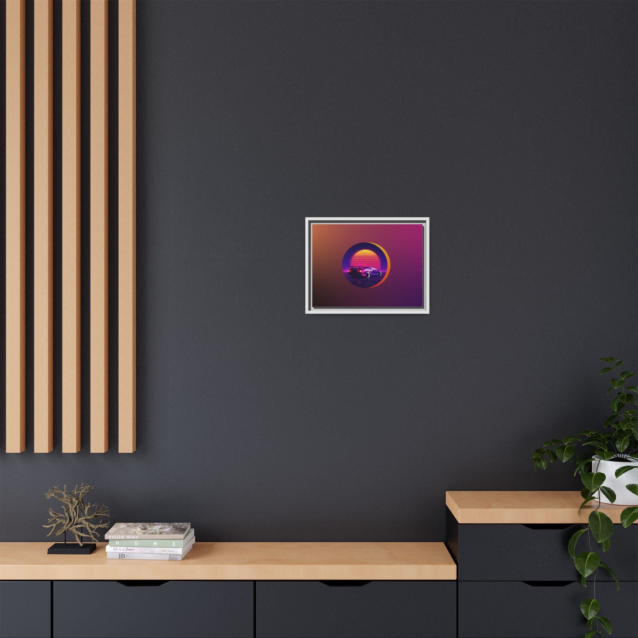 Retro Sunset Sports Car Matte Canvas Framed Wall Art