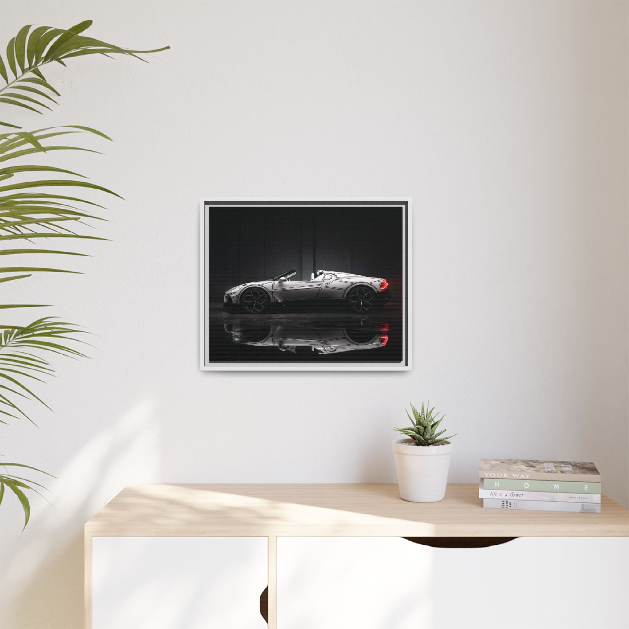 Framed Matte Canvas: Sleek Sports Car Reflection Wall Art