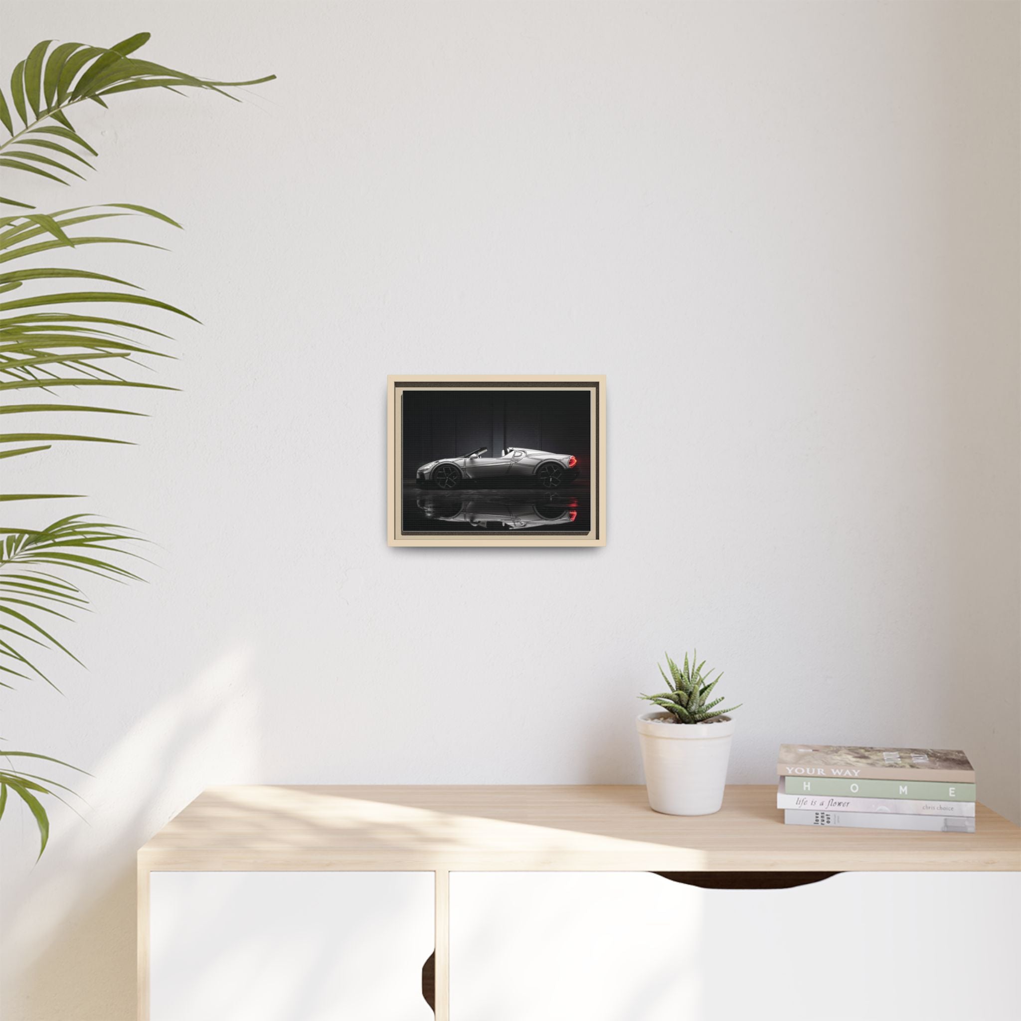 Framed Matte Canvas: Sleek Sports Car Reflection Wall Art