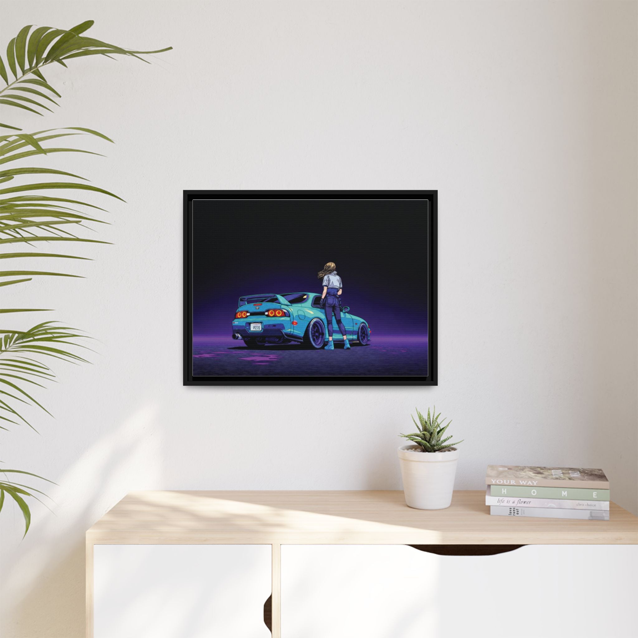Retro Neon Race Car Poster Matte Canvas Framed | Anime Driver Wall Art