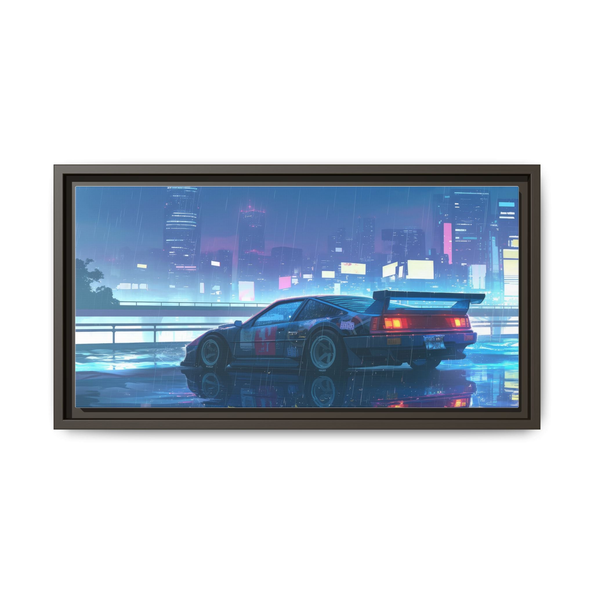 Retro Neon City Car Matte Canvas Print — Framed Wall Art