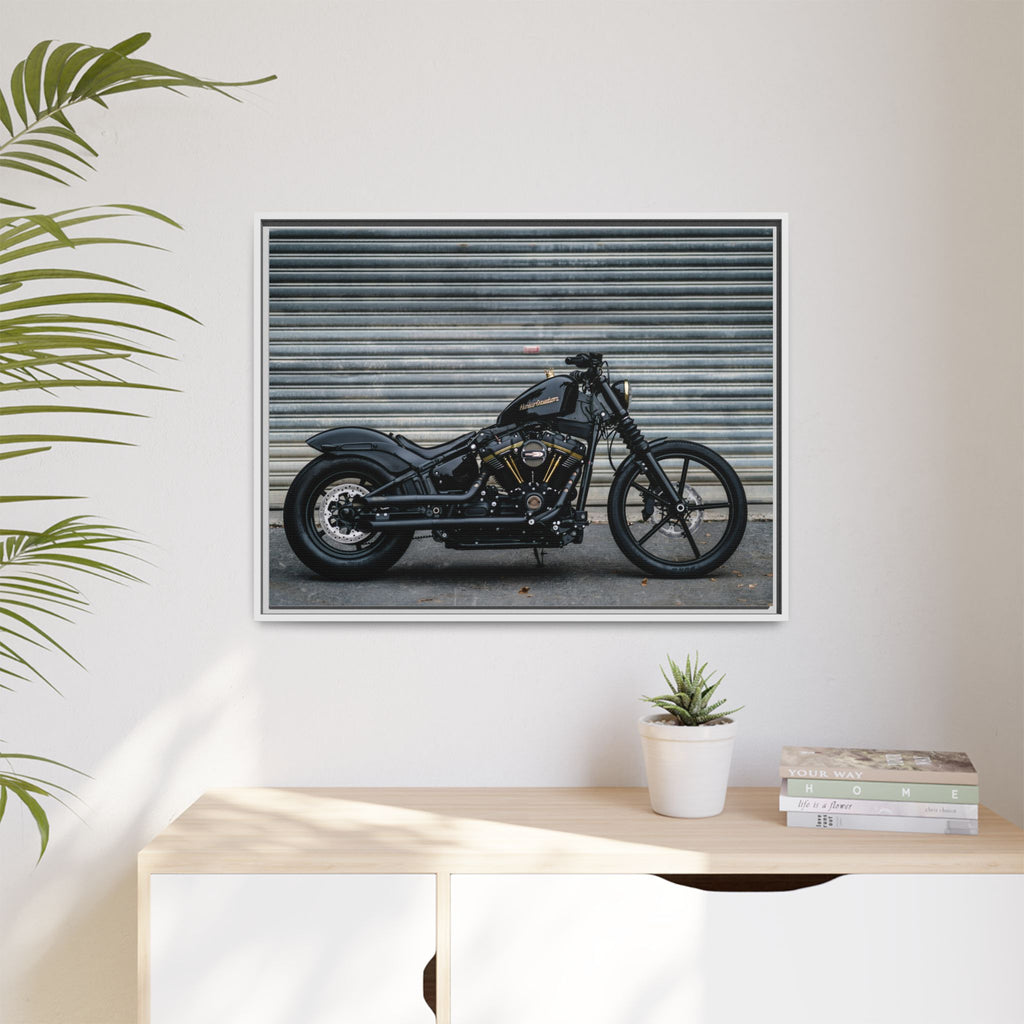 Framed Matte Canvas Motorcycle Print — Black Bobber Wall Art