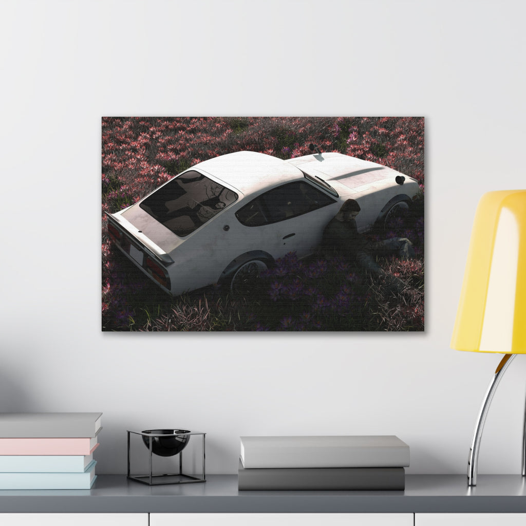 Vintage White Datsun in Wildflower Field Canvas