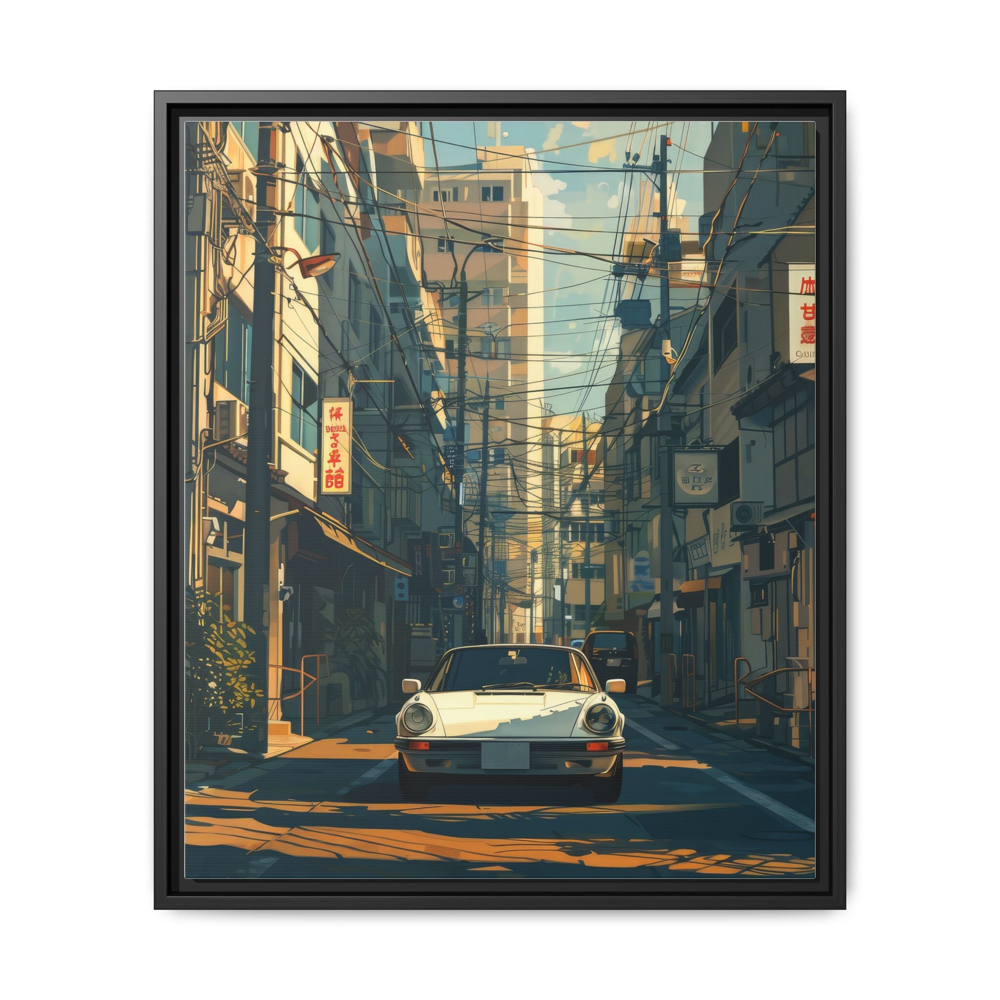 Vintage Sports Car Cityscape Framed Canvas Print