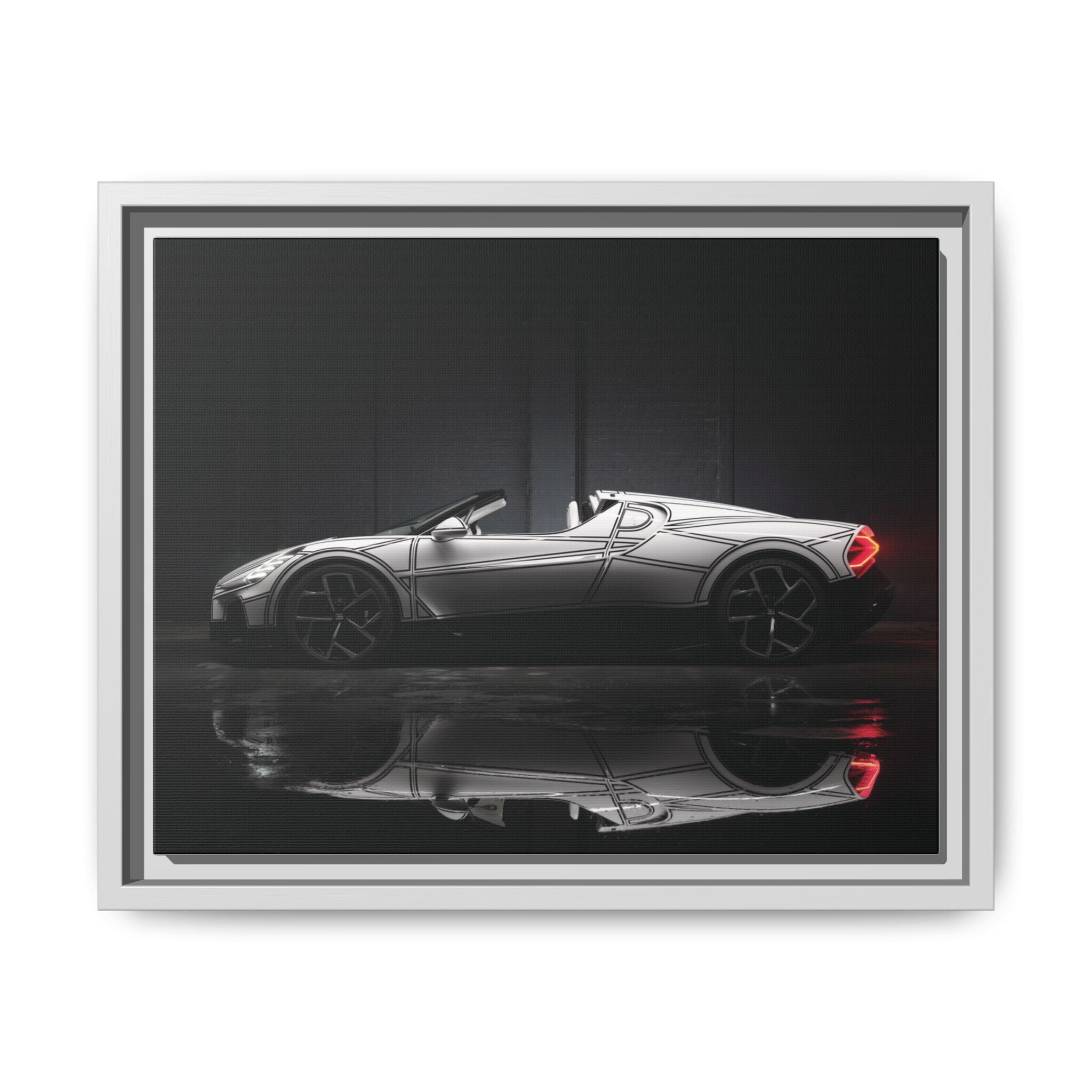 Framed Matte Canvas: Sleek Sports Car Reflection Wall Art