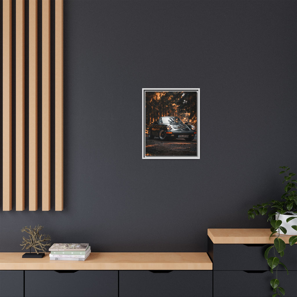 Framed Matte Canvas Print — Vintage Black Porsche in Autumn Forest