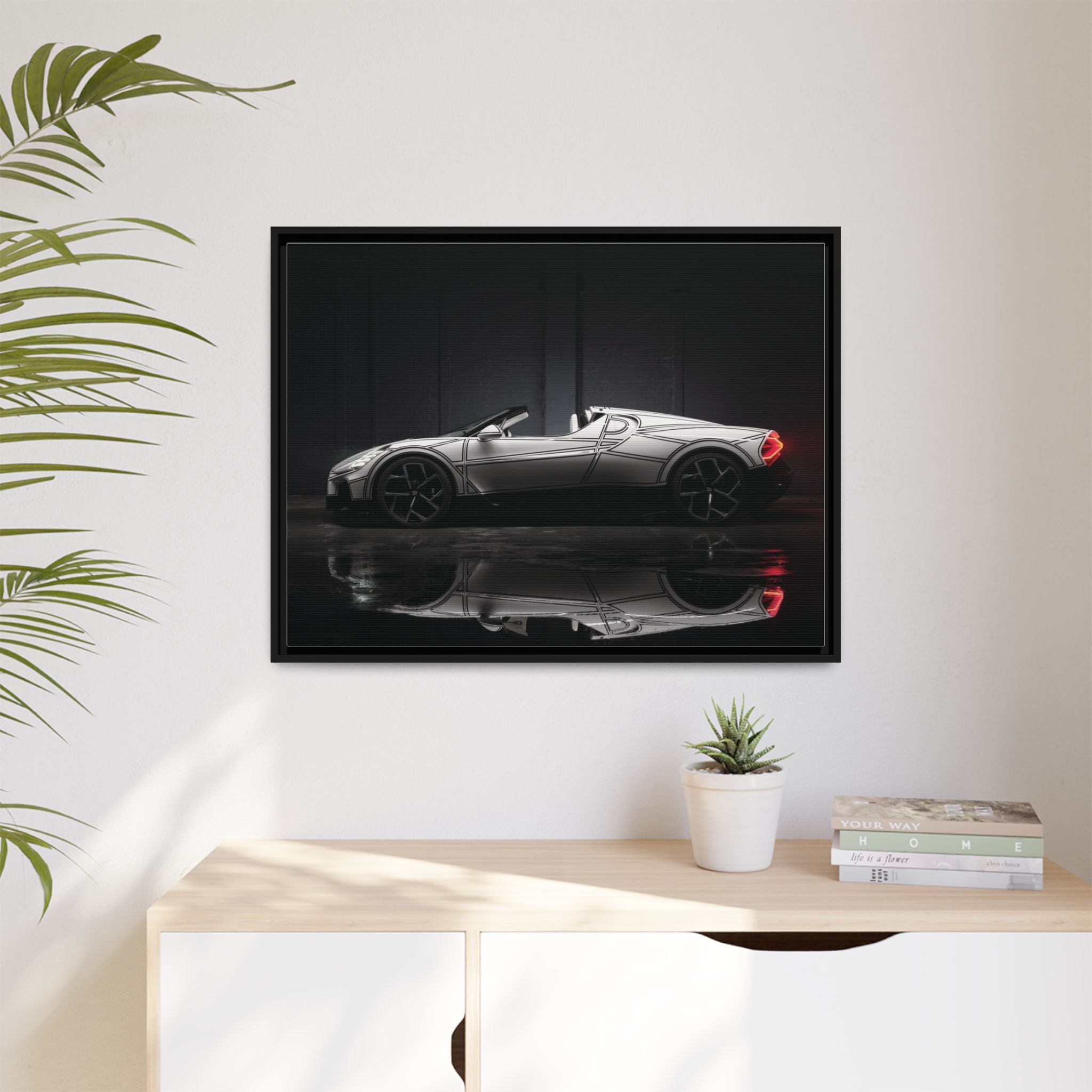 Framed Matte Canvas: Sleek Sports Car Reflection Wall Art