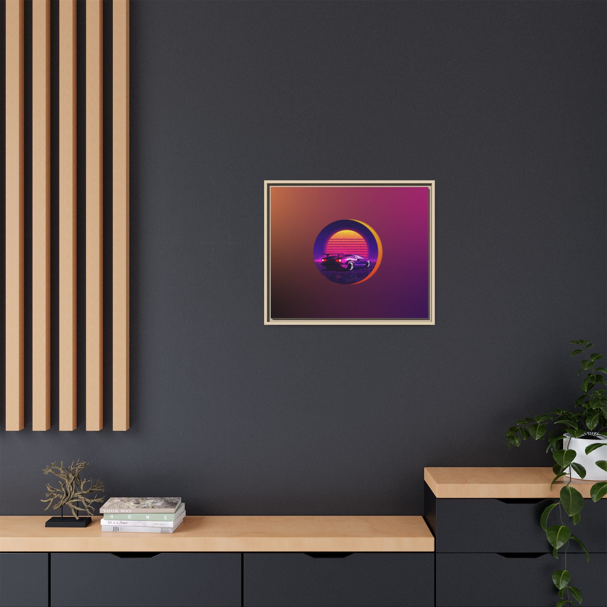 Retro Sunset Sports Car Matte Canvas Framed Wall Art
