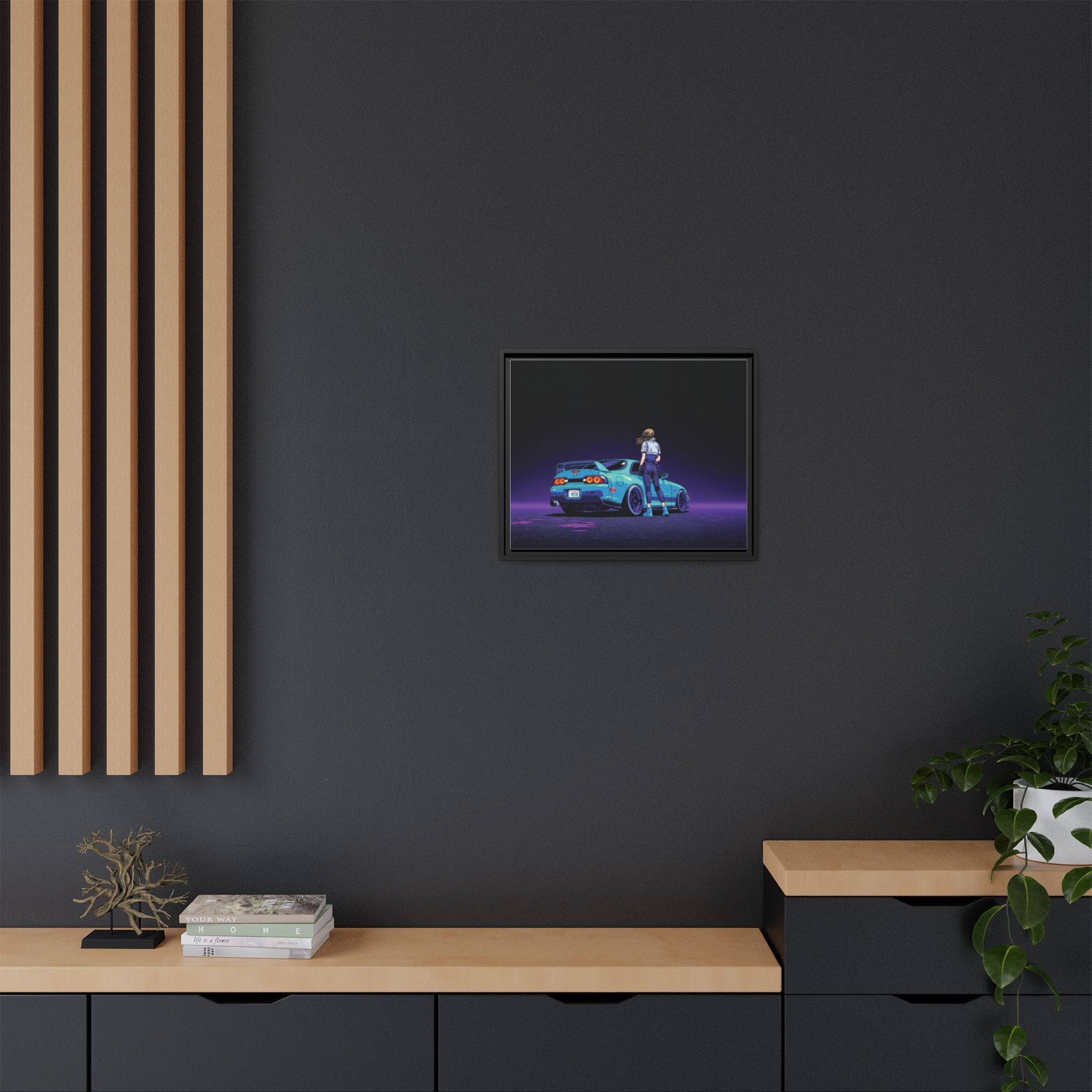 Retro Neon Race Car Poster Matte Canvas Framed | Anime Driver Wall Art