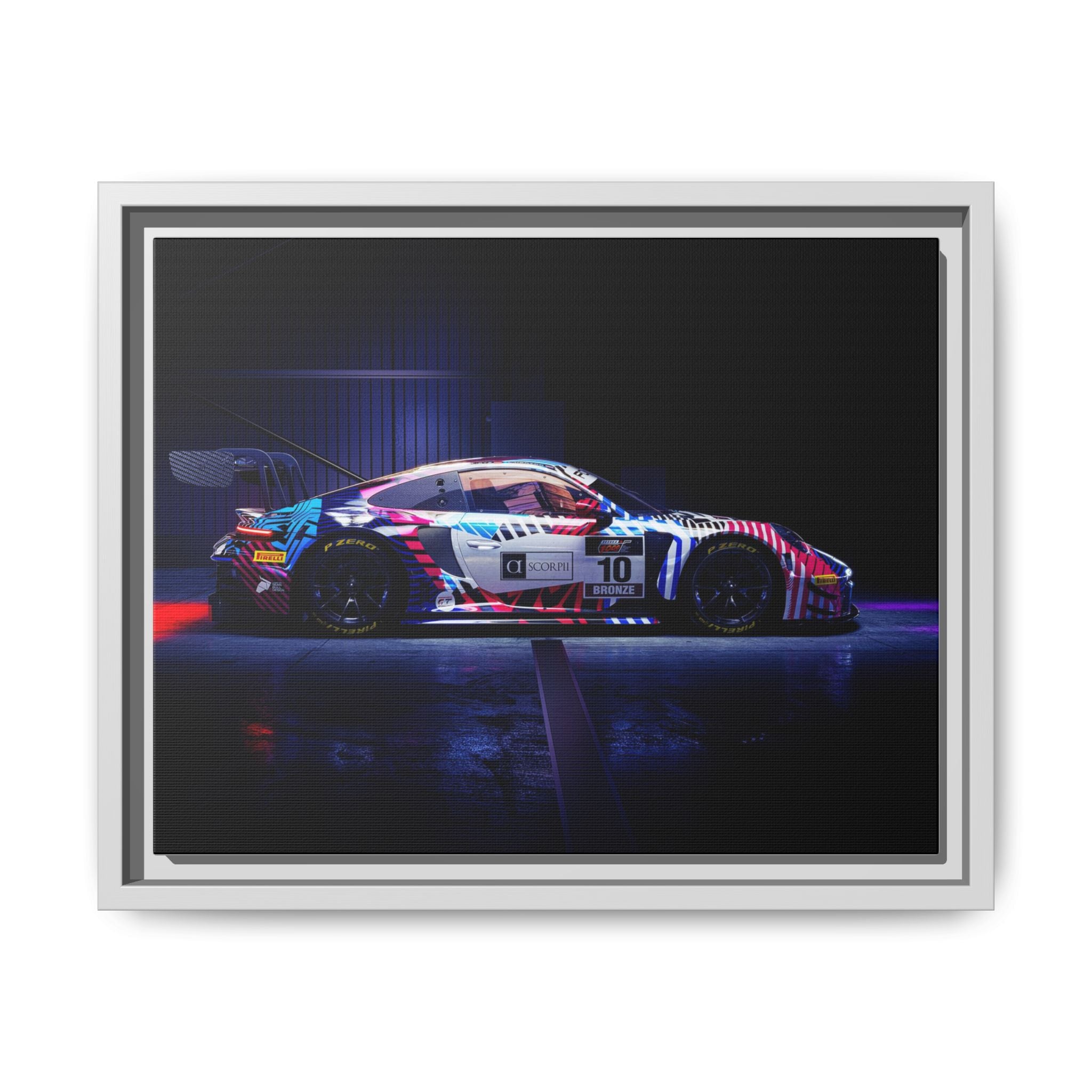 Framed Matte Canvas Print — Neon Racecar Wall Art