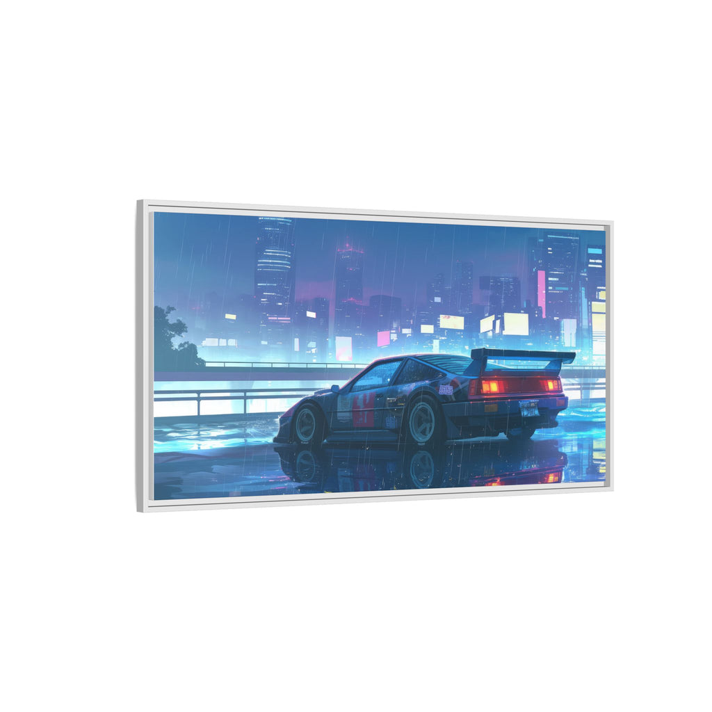 Retro Neon City Car Matte Canvas Print — Framed Wall Art