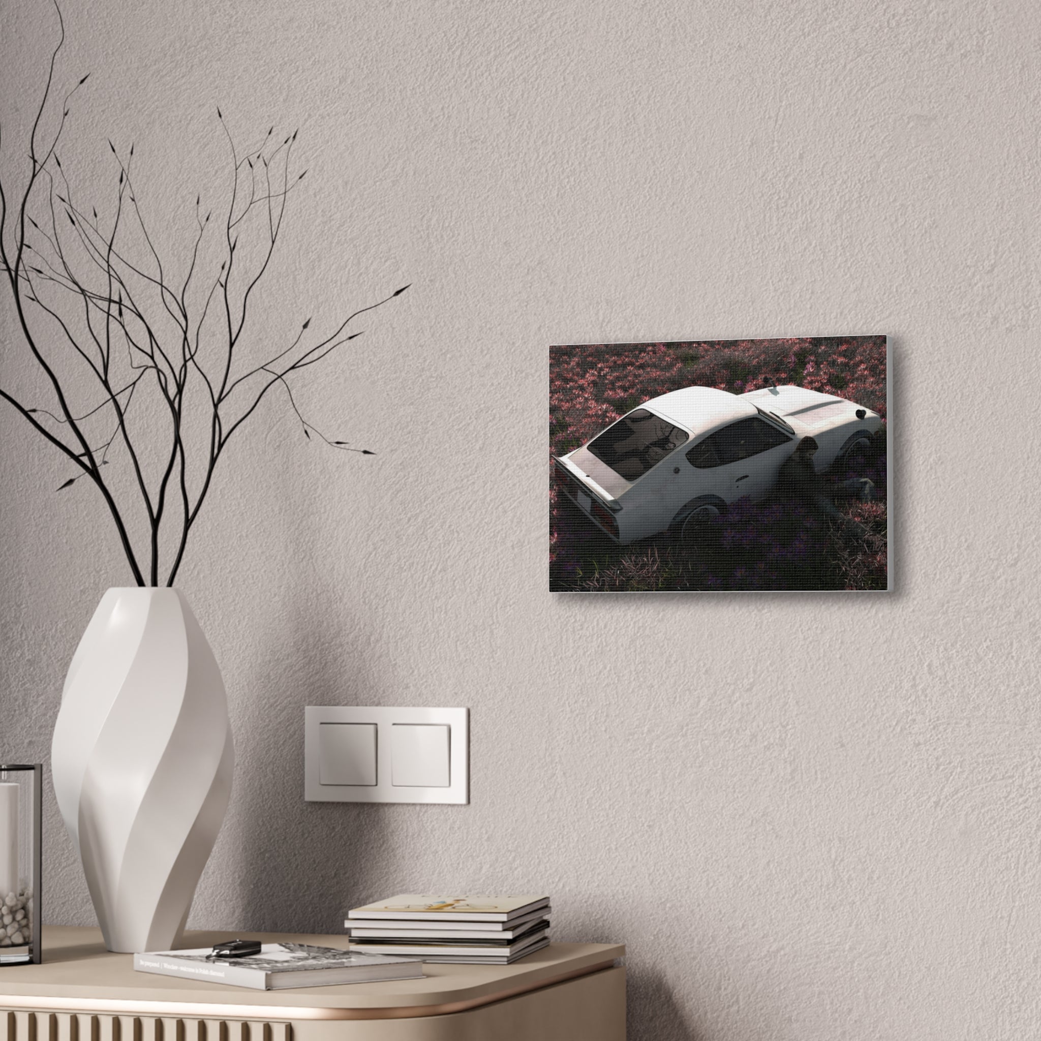 Vintage White Datsun in Wildflower Field Canvas