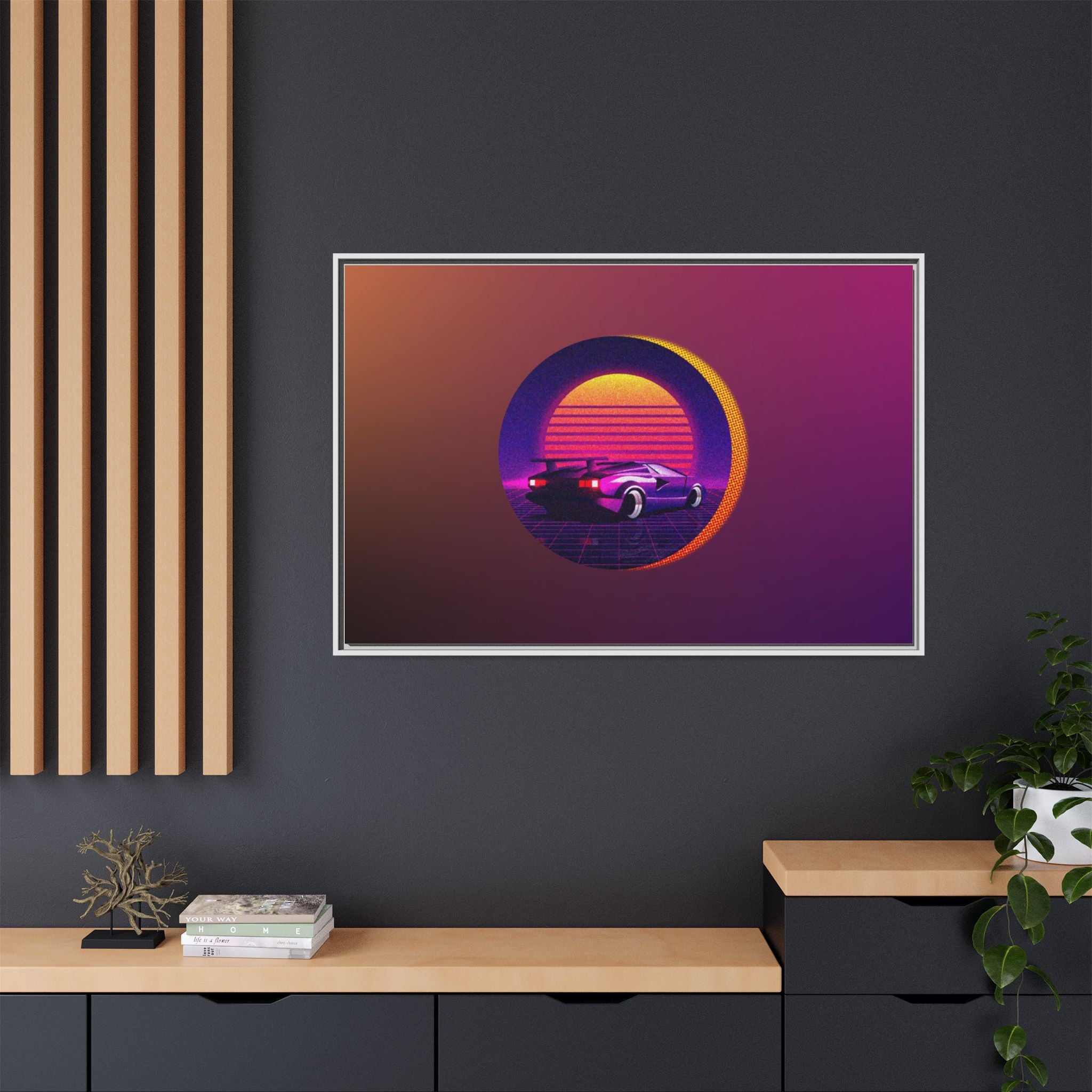 Retro Sunset Sports Car Matte Canvas Framed Wall Art