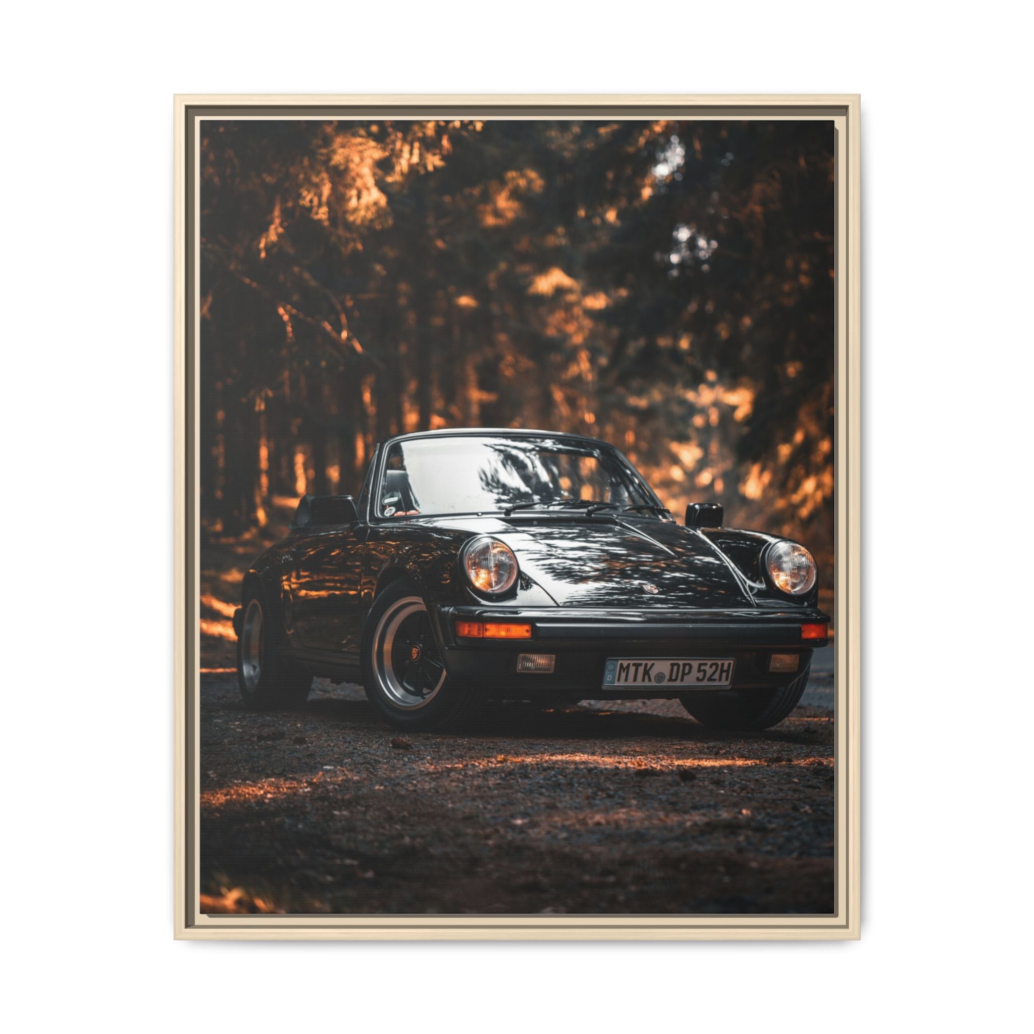 Framed Matte Canvas Print — Vintage Black Porsche in Autumn Forest