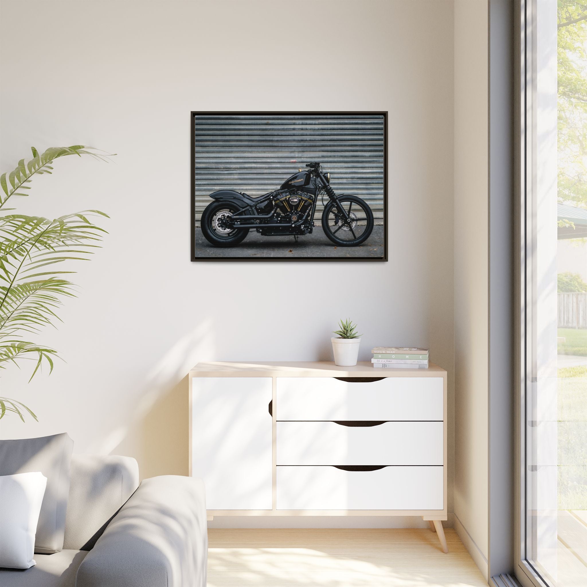 Framed Matte Canvas Motorcycle Print — Black Bobber Wall Art